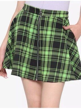 Hot Topic Skirt Womens XS Black Green Plaid O-Ring Zip Skater Mini Rave Preppy
